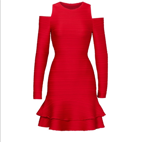 Shoshanna Red Ottoman Jacquard Dress cold shoulder - Picture 3 of 8